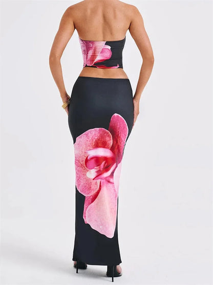 jinran Sexy Women 2 Pieces Outfits Floral Print Tube Tops and Elastic Waist Bodycon Long Skirts Sets Summer Streetwear 2024