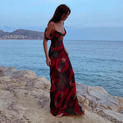 jinran Women Sexy Boho Floral Holiday Long Maxi Dress Summer Evening Party Mesh Sundress Vacation Spaghetti Strap A-line Dresses Robes