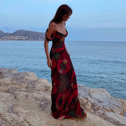jinran Women Sexy Boho Floral Holiday Long Maxi Dress Summer Evening Party Mesh Sundress Vacation Spaghetti Strap A-line Dresses Robes