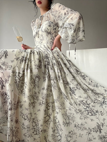 jinran French Elegant Floral Midi Dress Woman Evening Party Summer Beach Fairy Long Sleeve Sundress One Piece Dress Korean Fashion