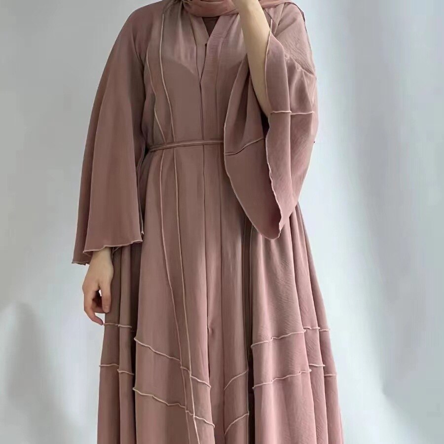 jinran Summer Elegant Solid Color Colorful Temperament Long Skirt Ladies Open Shouder Robe Satin Large Size Belt Muslim Woman Abaya