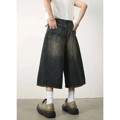 American Retro Summer Calf-Length Denim Pants Jeans Men High Street Over Knee Wide Leg Straight Shorts Casual Oversized Shorts