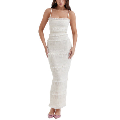 jinran Women Sling Long Dress, Sleeveless Off Shoulder Solid Color Ruffle Party Club Summer Spring Dress