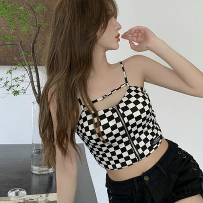 jinran Black White Plaid Crop Top Women Design Zipper Camisole Slim Sexy Tank Top French Chic Sports Bandeau Girl Summer 2022 New