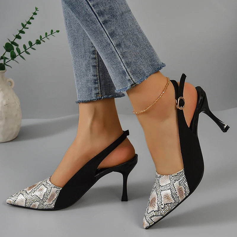 jinran 2024 New High Heels Mules Sandals Women Fashion Snake Pattern Thin Heeled Shoes Woman Back Strap Pointed Toe Sandalias