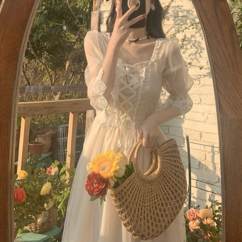 jinran Women Lace Elegant Princess Party Fairy Dress French Vintage Midi Dress Female Spring Casual Korean Wedding Victorian Dress