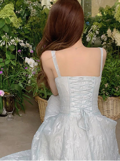 jinran French Elegant Midi Dress Women Summer Spaghetti Strap Corset Slim A-line Lace-up Jacquard Evening Party Prom Robe Retro Vestido