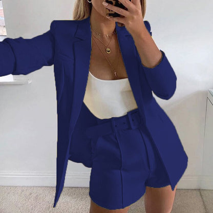 jinran New Spring and Summer Suit Jacket Shorts Sexy Temperament Women's Fashion Casual Lapel Cardigan Fashion Belt Women's Wear  Set