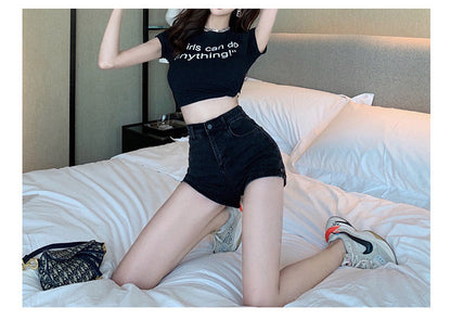 jinran White Jean Shorts Women Summer High Waisted Solid Hot Short Jeans for Ladies Elastic High Waist Denim Shorts Women Summer