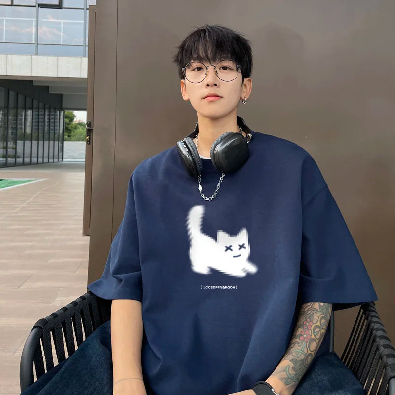 jinran Men's Oversized T-shirts Cotton T Shirt White for Men Casual Summer Wear Cat Anime Print Fashion Tee Shirts Men Clothing