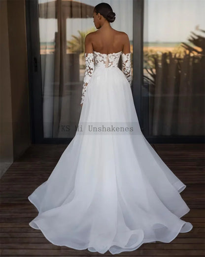 jinran White Sexy African Wedding Dresses Beach Long Sleeve Lace Bride Dress Split Side Organza Wedding Gowns Sweep Train Boda