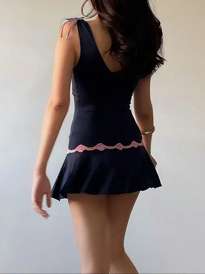 jinran Women Lace V-neck Mini Dress Bow Bandage Pleat Slit Sexy Sleeveless Slim Beach Dress Female Summer Partywear New 2024