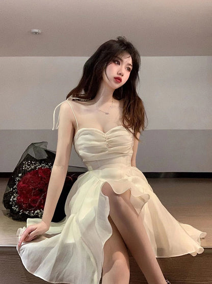 jinran Summer Spaghetti Strap Dress Pleated Backless Corset Dress High Waist Slim Short A-Line Dress Gauze Women's Spring Clothing