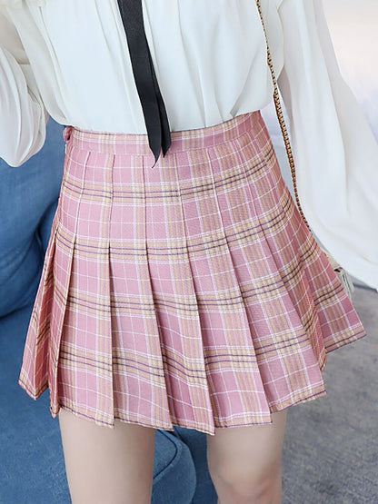 jinran Women Elegant High Waist Pleated A Line Skirt Summer Vintage Harajuku Y2K Plaid Korean Fashion Mini Kawaii Tennis Skirt Grils