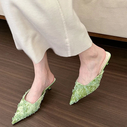 jinran 2024 Summers Women Mules Slippers Fashion Elegant Shallow Pointed Toe Slides Shoes Ladies Outdoor Dress Low Heel Sandalias