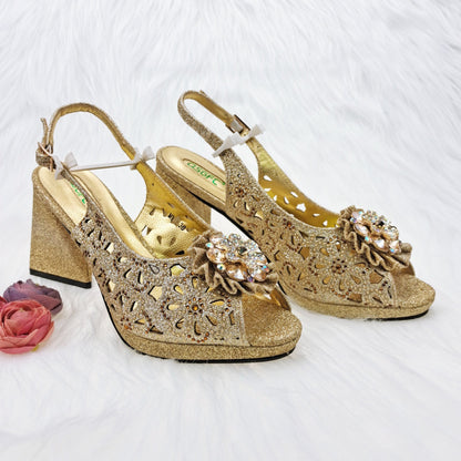 jinran Newest Gold Color Cutout High Heels Decorated with Rhinestone Flower Design Party Women's Shoes and Bags Set