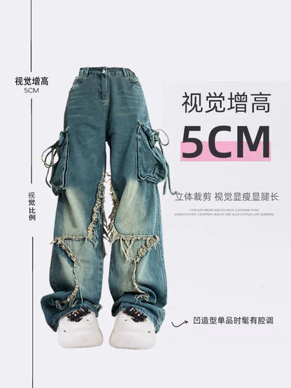 jinran Women Blue Cargo Jeans Baggy Vintage 90s Aesthetic High Waist Cowboy Pants Harajuku Denim Trousers Y2k Trashy 2000s Clothes 2024