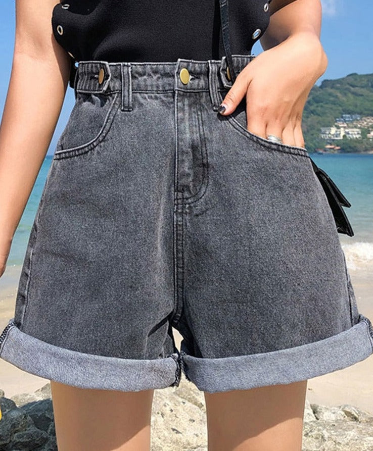 jinran New Summer Women High Waist Wide Leg Denim Shorts Casual Female Loose Fit Streetwear Solid Color Straight Jeans Shorts