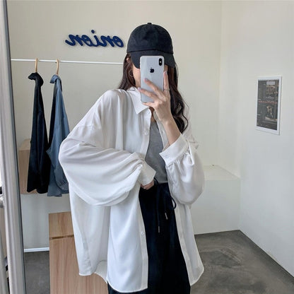 jinran Spring Summer Women Shirt Oversize Elegant Blouses for Women Lantern Sleeve White Shirt Mid-length Shir Coat Women Tunic