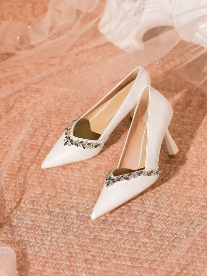 jinran New women's temperament rhinestone pointed high heels women's thin heels white wedding shoes 5019