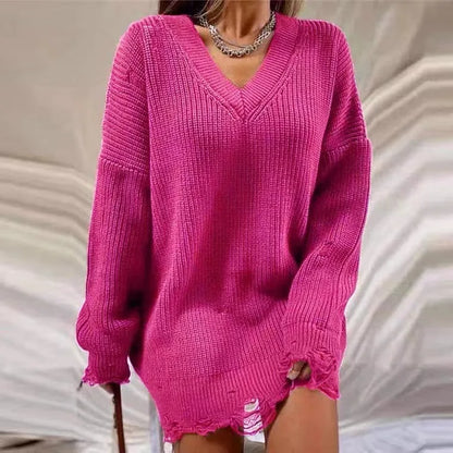 jinran Women Ripped Hole Knit Dress Autumn Winter Long Sleeve Mini Sweater Dresses Casual Loose Oversize Knitted Short Dresses