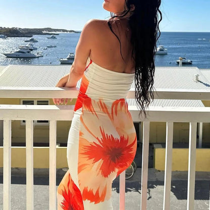 jinran Slim Flower Print Off Shoulder Sleeveless Backless Elegance Dress Women 2024 Bodycon Long Tube Top Dress for Party Club