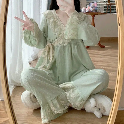 jinran New V-neck Tied Pajama Set for Women Spring Autumn Tops Long Sleeved Pants Lace Lace Pajamas