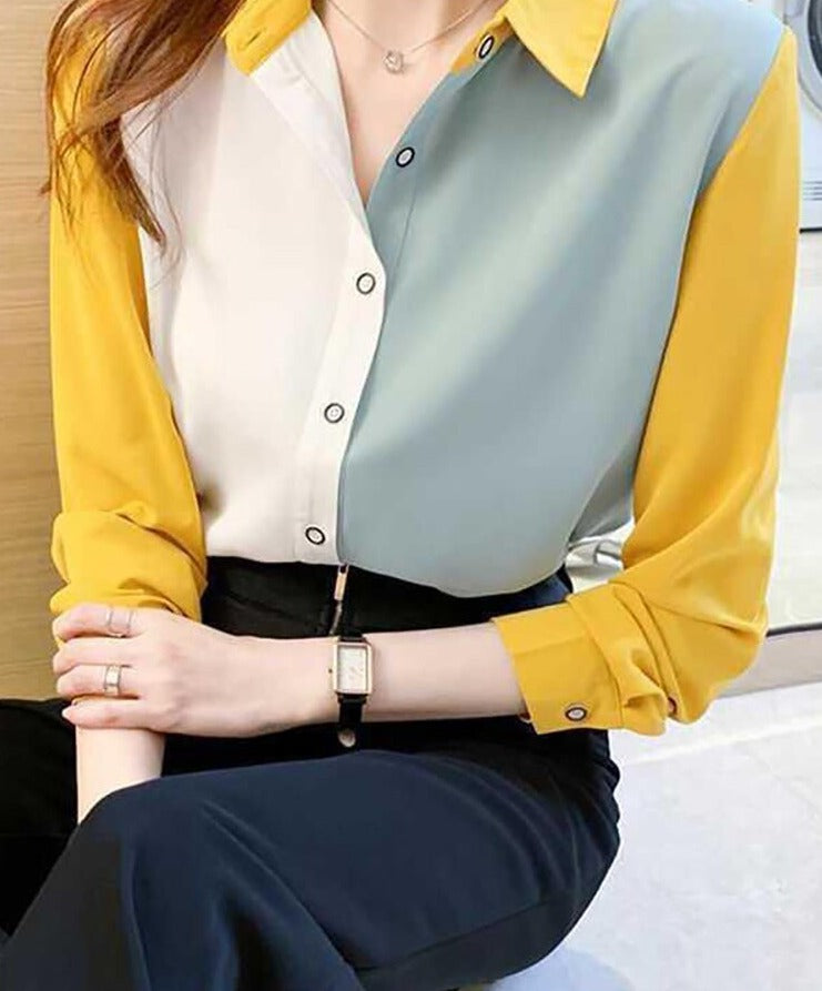 jinran Korean Fashion Hit Color Patchwork Loose Blouse Elegant Chiffon Tops Office Lady Spring Summer Chic Button Up Shirts Tunics