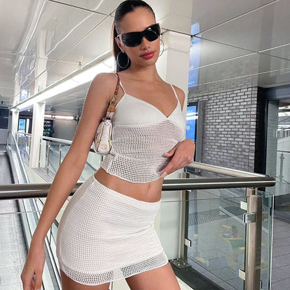 jinran Women Fashion Tow Piece Set Solid Mesh Suspenders Vintage Mini Skirts Sets White Female Clothing 2022 New See-through