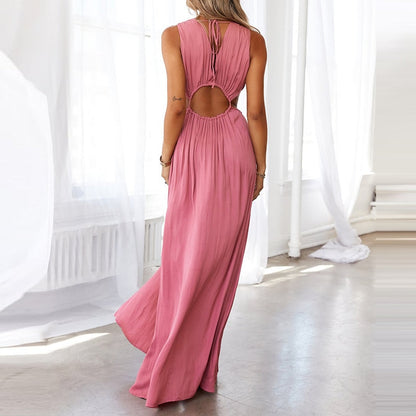 jinran Casual Irregular Solid V Neck High Waist Vestidos Sexy Sleeveless Hollow Out Maxi Dress Women Summer Elegant Split Party Dresses