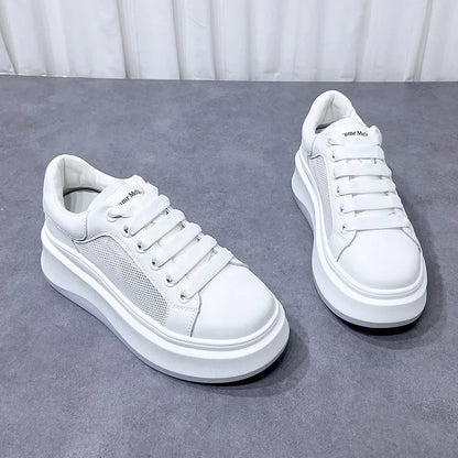 jinran Small stature, tall, small white shoes, women's genuine leather 2024 thick soled sponge cake mesh casual board shoes, breathable