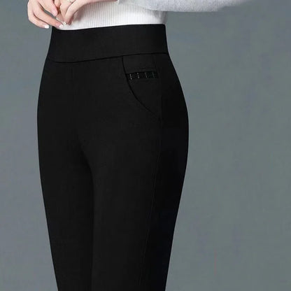 jinran Spring and Summer Women's High Waist Solid Print Pocket Patchwork Elastic Slim Elegant Commuter Fashion Casual Bottom Pants