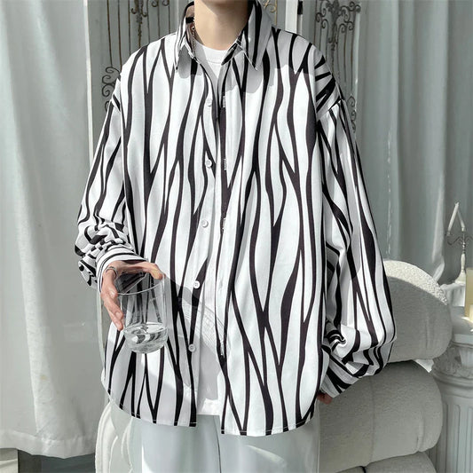 Men's Long Sleeve Striped Shirts Spring New Korean Button Up Shirt Unisex Fashion Casual Oversize Blouse Printed Clothing