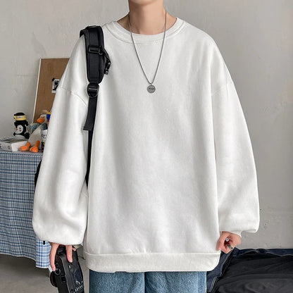 Harajuku Sweatshirts Men Korean Solid Color Basic O Neck Oversized Pullovers Spring Autumn Simple Fashion Casual Tops 5XL-M