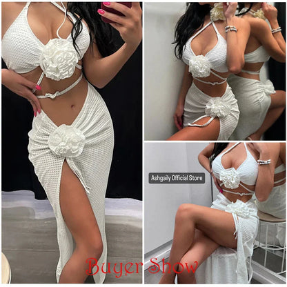 jinran 2024 3pack Bikini with Beach Skirt Swimwear Women 3D Flower Swimsuit Halter Bathing Suit Beachwear Bikini Set Biquini