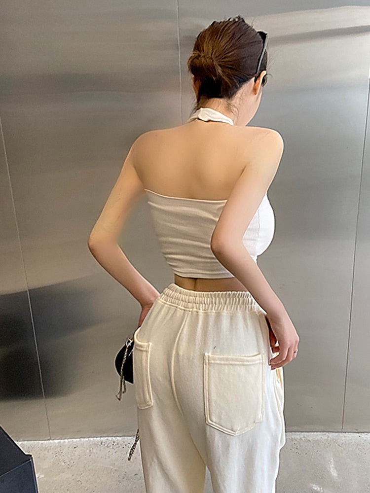 jinran Vest Sexy Crop Top Women Fashionable Solid Color Cross Hanging Neck Short Camisole Slim Midriff-baring Backless Women Summer