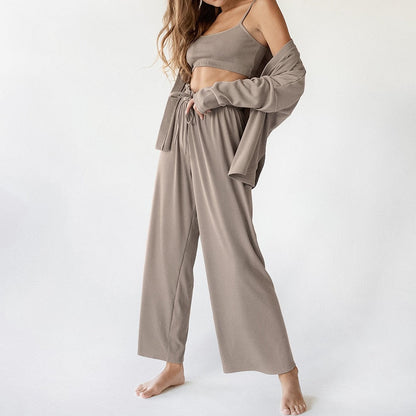 jinran Knitted Women's Nightwear 3 Piece Sets Casual Long Sleeve Pajamas Female Spaghetti Strap Crop Top Summer Trouser Suits