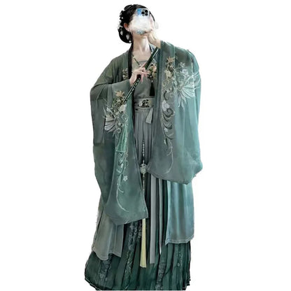 jinran Retro Chinese traditional women's Hanfu Song Dynasty green Hanfu printed dress women's role play dress.