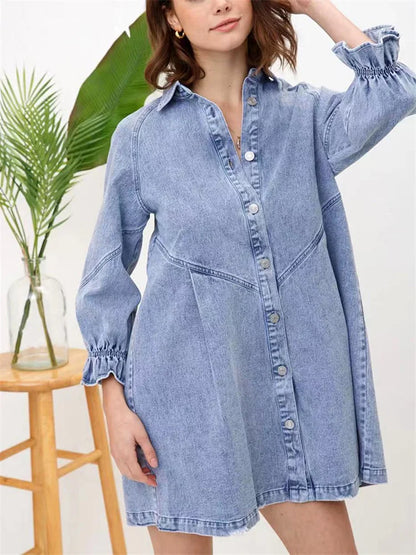 jinran Woman Sweet Pink Loose Denim Short Dress 2023 Summer Female Solid Single Breasted Mini Dress Casual Three-quarter Sleeve Dresses