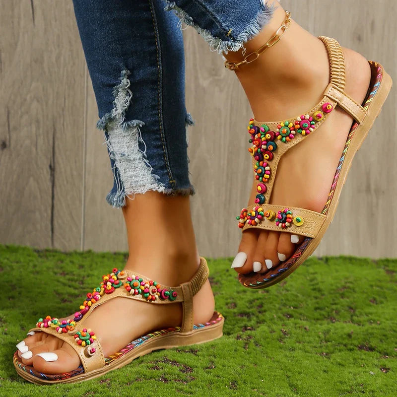 jinran Beaded Flowers Flat Heeled Sandals Women Summer 2023 Plus Size Open Toe Bohemian Sandals Woman Elastic Strap Rome Shoes