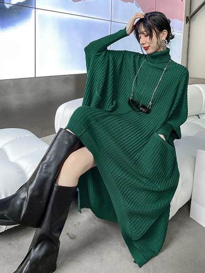 jinran Women Blue Irregular Back Long Big Size Knitting Dress New Turtleneck Long Sleeve Fashion Tide Spring Autumn 2024 1DF9757
