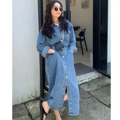 jinran spring  Denim Dress, Women's Long Sleeved Casual Loose And Versatile Split Skirt Long Dresses Formal Dresses New In Dresses