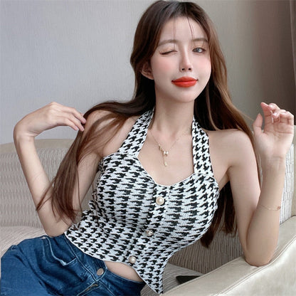 jinran Houndstooth V Neck Halter Top Crop Top Women Sexy Backless Camisole Knitting Soft Comfortable Vest Women 2022 New