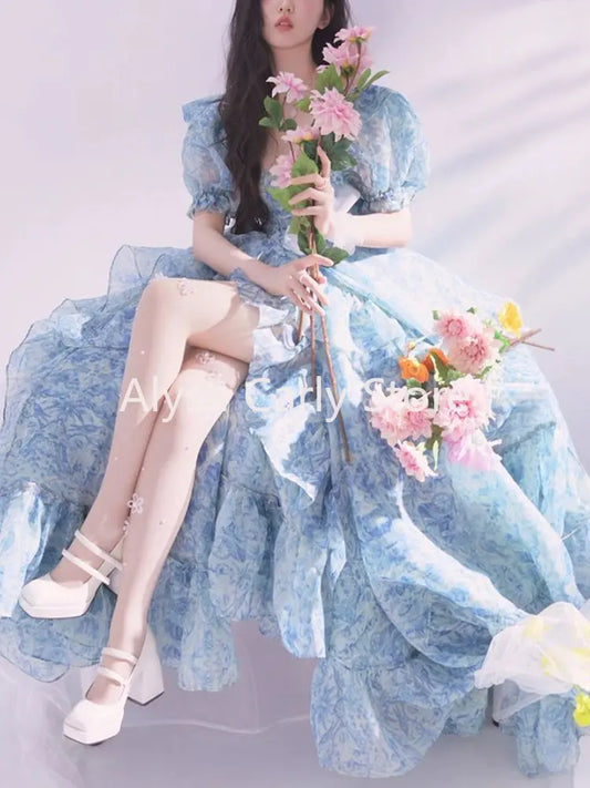 jinran Vintage Floral Long Fairy Dress Women 2023 Summer Ruffles Elegant Beach Party Dresses Female Causal Korean Sweet Princess Dress