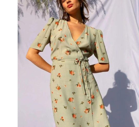 jinran waist Elegant Ladies Dress French Style Robe Summer Women green Floral Print Wrap mini Dress Short Sleeve