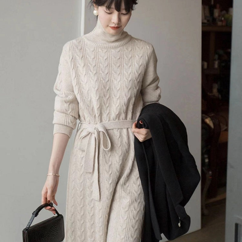 jinran Women Clothing Fashion Turtleneck Knitted Dress 2022 Autumn Winter New Lace-up Waist Sweater Skirt Korean Clothes Women Dresses