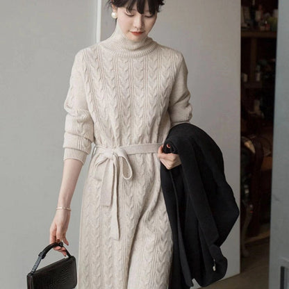 jinran Women Clothing Fashion Turtleneck Knitted Dress 2022 Autumn Winter New Lace-up Waist Sweater Skirt Korean Clothes Women Dresses