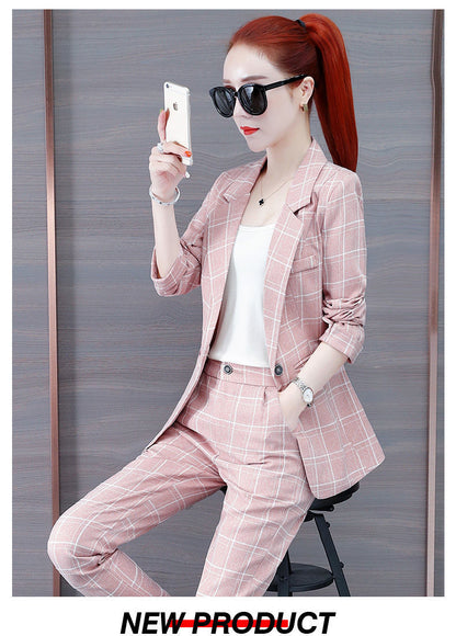 jinran Summer New Korean Fashion Elegant Women's Pants Suit Thousand Bird Lattice Slim Fit Jacket White Vest Trousers Three Piece Set