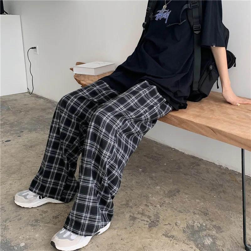 Spring Men Pants Black Women Plaid Trousers Casual Oversize Loose Wide Leg Trouser Harajuku Hip-hop All-match Streetwear S-4XL