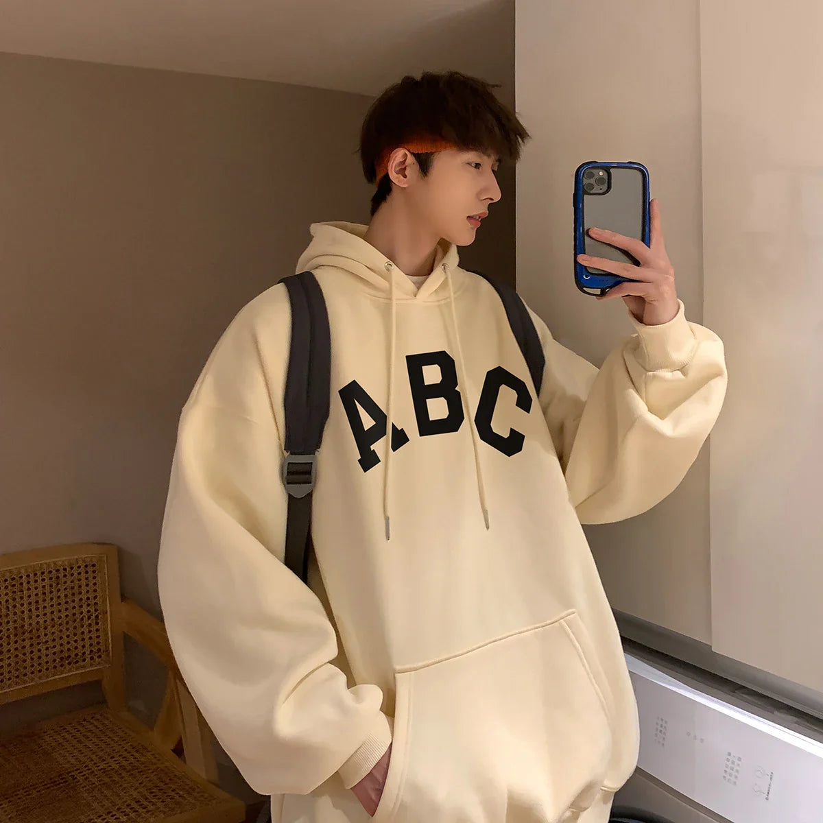 ABC Letter Print Men's Hoodies Korean Fashion Harajuku Oversized Pullover Hip Hop Long Sleeve Hooded Sweatshirts Streetwear